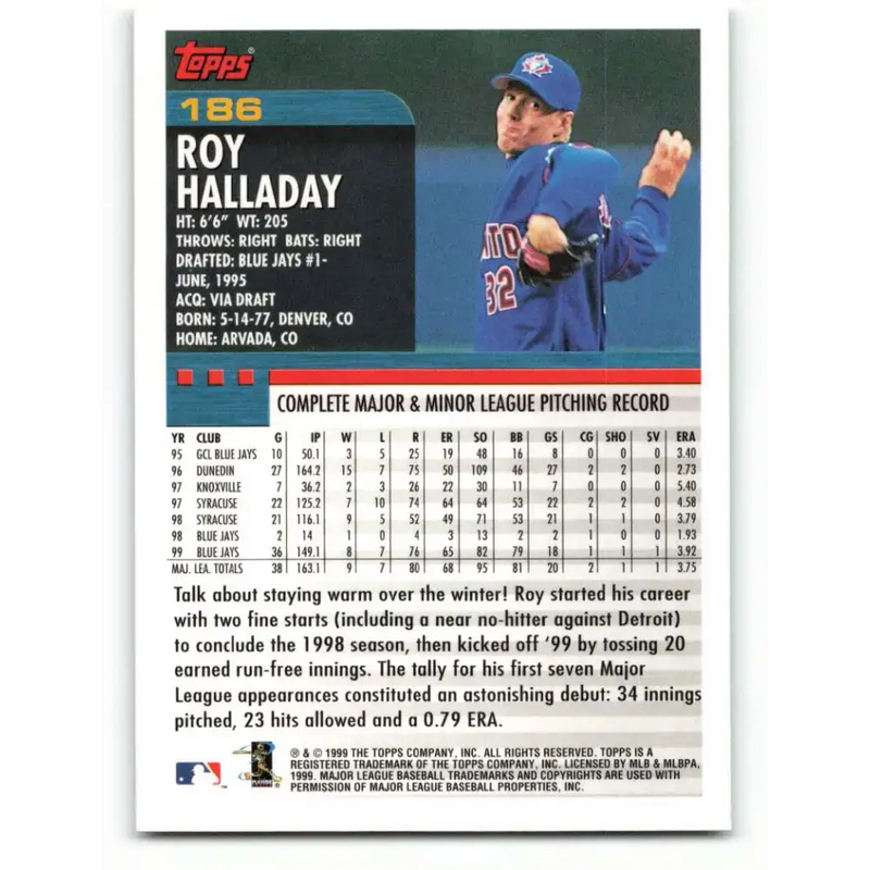 2000 Topps #186 Roy Halladay EX Excellent Toronto Blue Jays Baseball Card - Baseball Card Single