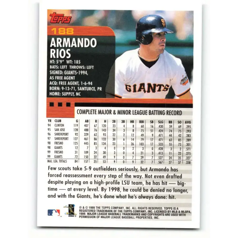2000 Topps #188 Armando Rios EX Excellent San Francisco Giants Baseball Card - Baseball Card Single
