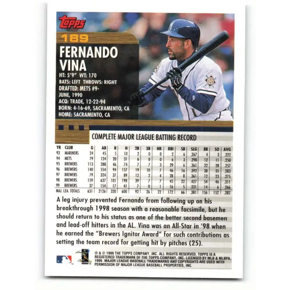 2000 Topps #189 Fernando Vina EX Excellent Milwaukee Brewers Baseball Card - Baseball Card Single