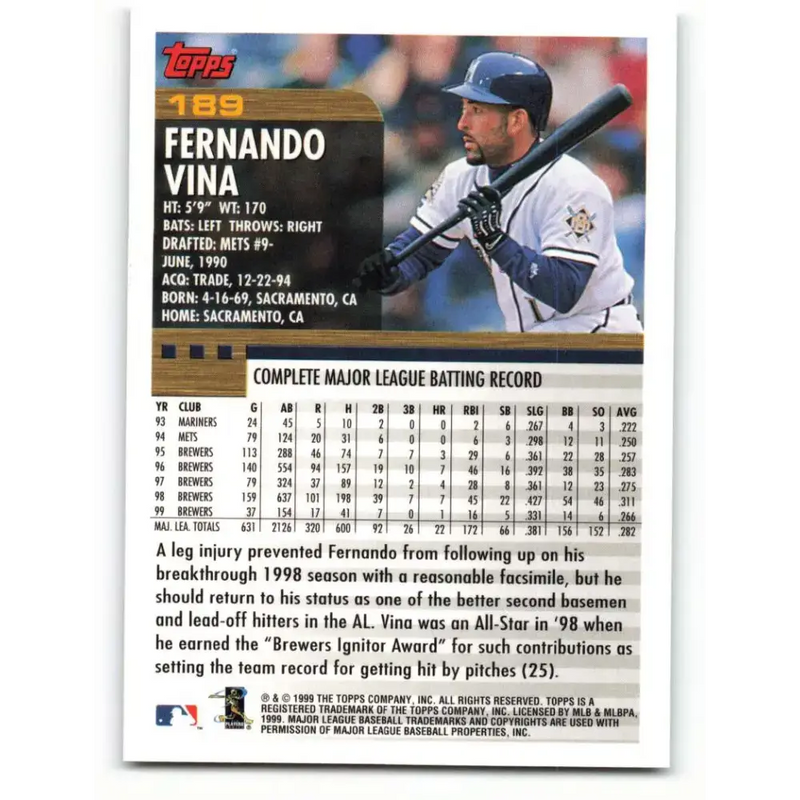 2000 Topps #189 Fernando Vina EX Excellent Milwaukee Brewers Baseball Card - Baseball Card Single