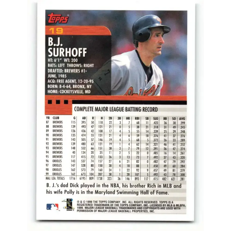 2000 Topps #19 B.J. Surhoff EX Excellent Baltimore Orioles Baseball Card - Baseball Card Single