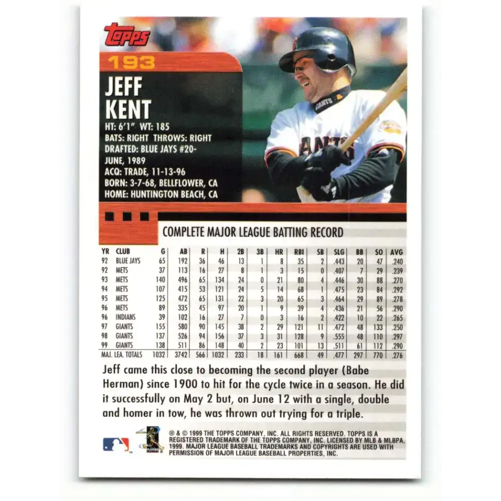 2000 Topps #193 Jeff Kent EX Excellent San Francisco Giants Baseball Card - Baseball Card Single