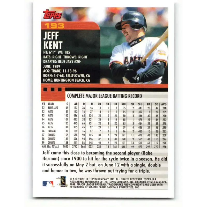 2000 Topps #193 Jeff Kent EX Excellent San Francisco Giants Baseball Card - Baseball Card Single