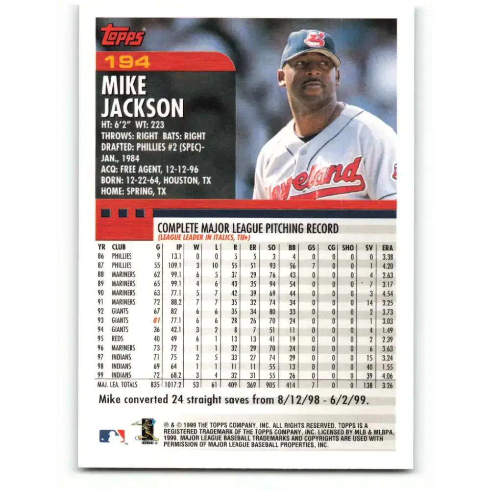 2000 Topps #194 Mike Jackson EX Excellent Cleveland Indians Baseball Card - Baseball Card Single