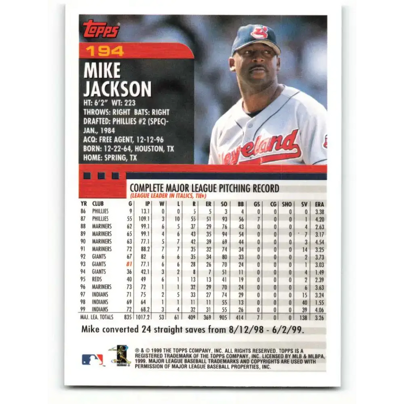 2000 Topps #194 Mike Jackson EX Excellent Cleveland Indians Baseball Card - Baseball Card Single