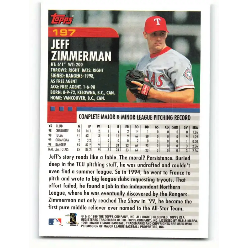 2000 Topps #197 Jeff Zimmerman EX Excellent Texas Rangers Baseball Card - Baseball Card Single