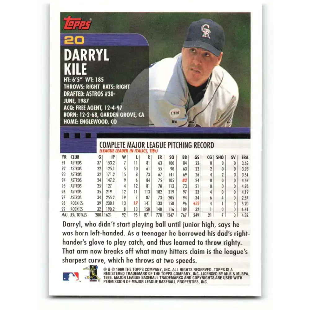 2000 Topps #20 Darryl Kile EX Excellent Colorado Rockies Baseball Card - Baseball Card Single