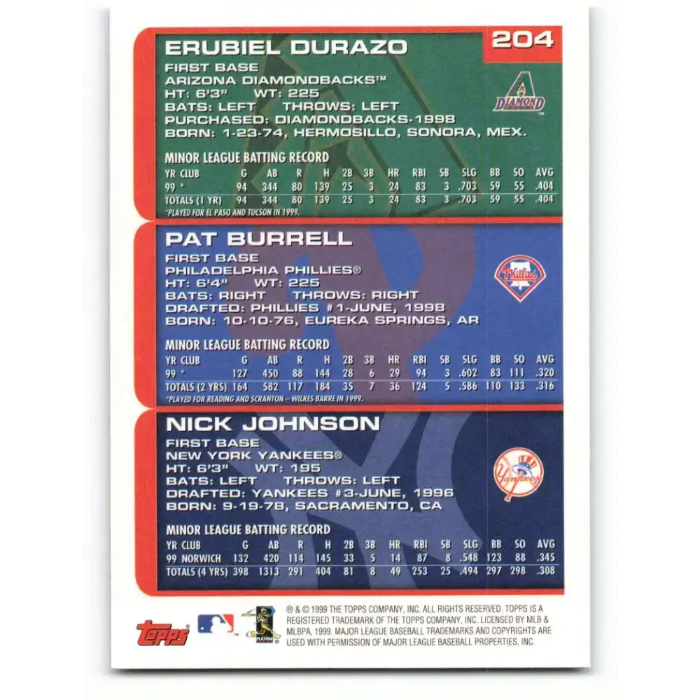 2000 Topps #204 Erubiel Durazo/Pat Burrell/Nick Johnson EX Excellent Arizona Diamondbacks/Philadelphia Phillies/New
