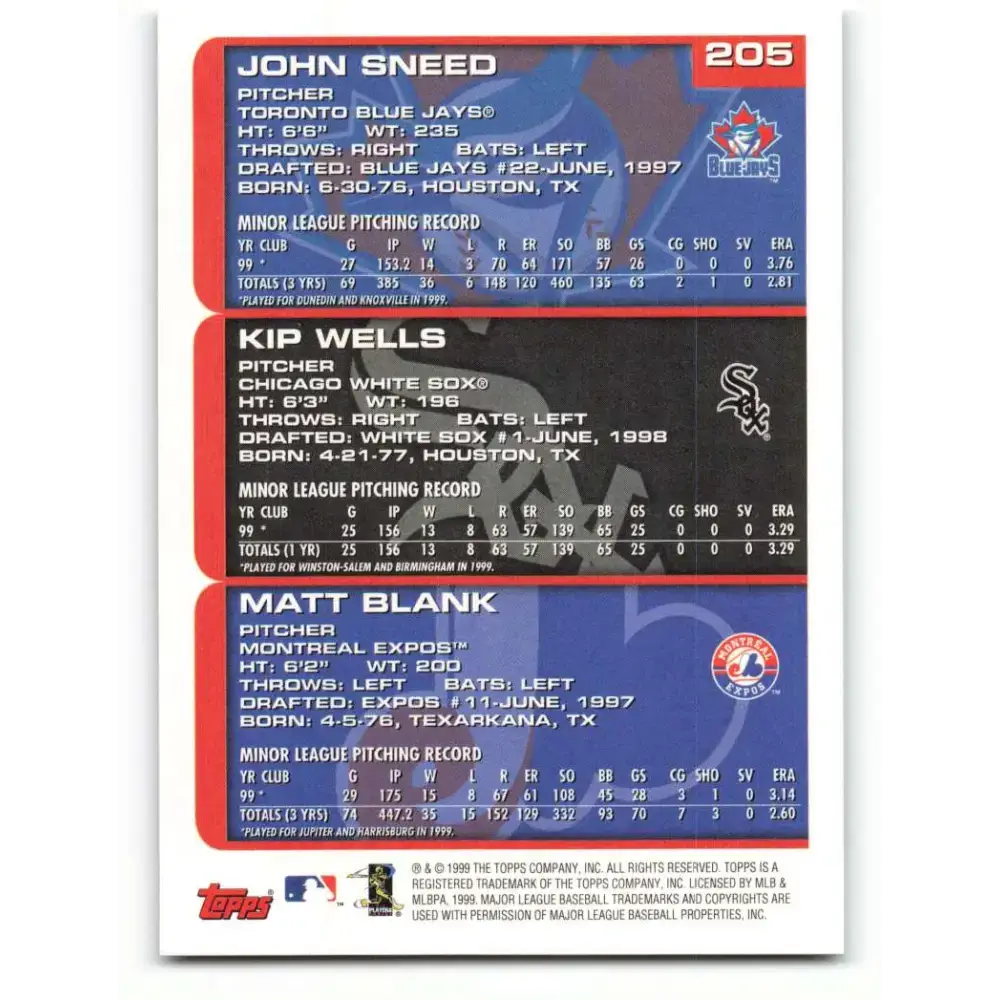 2000 Topps #205 Matt Blank/Kip Wells/John Sneed EX Excellent RC Rookie Toronto Blue Jays/Montreal Expos/Chicago White