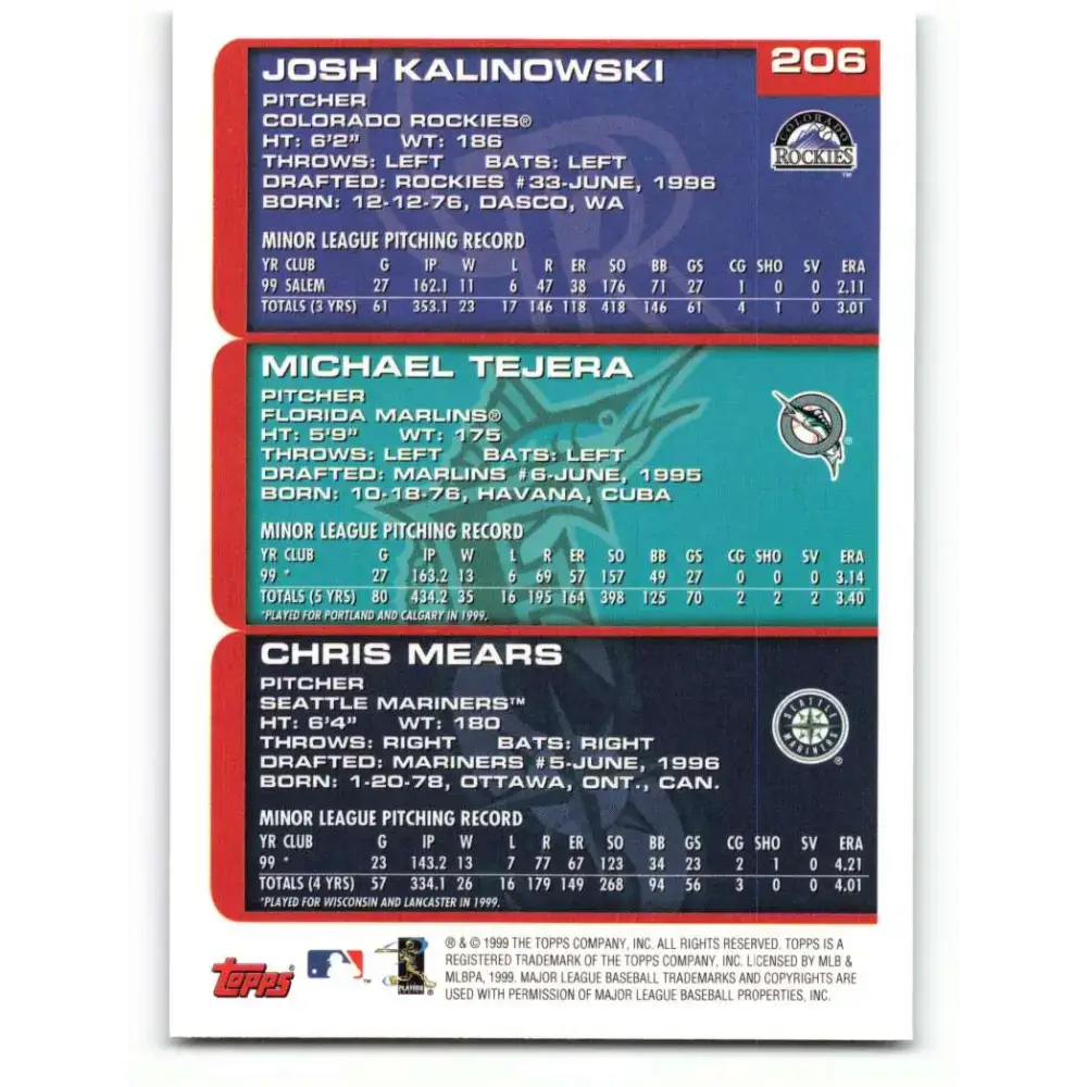 2000 Topps #206 Josh Kalinowski/Michael Tejera/Chris Mears EX Excellent RC Rookie Seattle Mariners/Florida