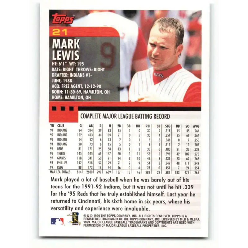 2000 Topps #21 Mark Lewis EX Excellent Cincinnati Reds Baseball Card - Baseball Card Single