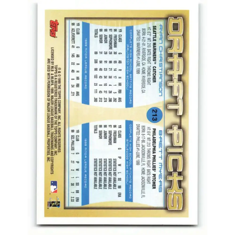 2000 Topps #213 Ryan Christianson/Brett Myers EX Excellent RC Rookie Seattle Mariners/Philadelphia Phillies Baseball