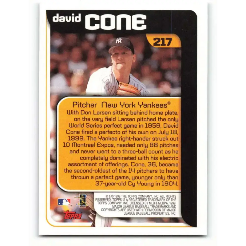 2000 Topps #217 David Cone EX Excellent New York Yankees Baseball Card - Baseball Card Single