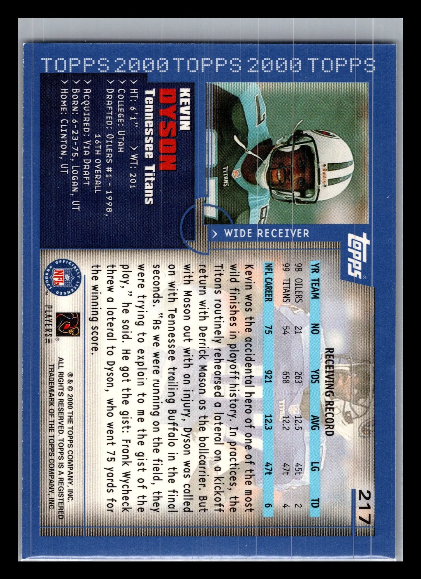 2000 Topps #217 Kevin Dyson Tennessee Titans - Football Card Single