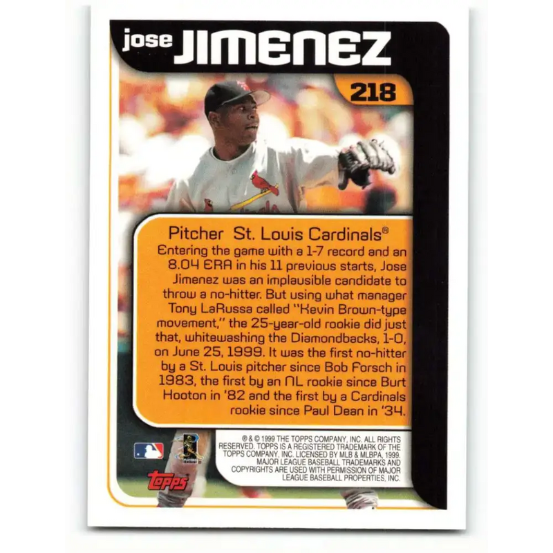 2000 Topps #218 Jose Jimenez EX Excellent St. Louis Cardinals Baseball Card - Baseball Card Single
