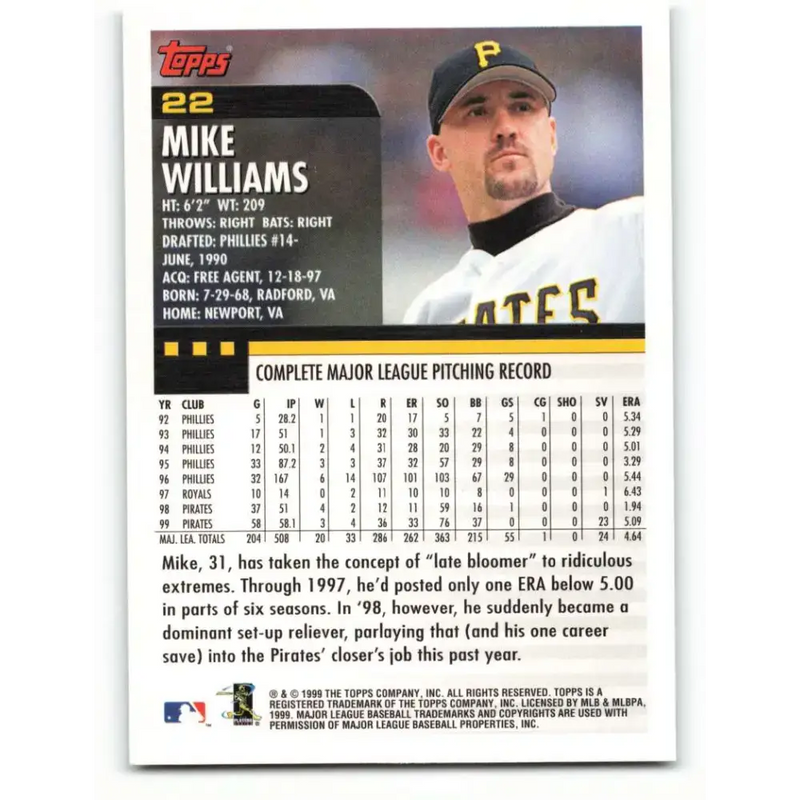 2000 Topps #22 Mike Williams EX Excellent Pittsburgh Pirates Baseball Card - Baseball Card Single