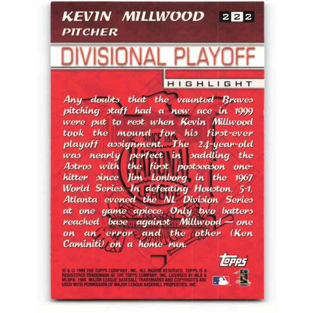 2000 Topps #222 Kevin Millwood EX Excellent Atlanta Braves Baseball Card - Baseball Card Single