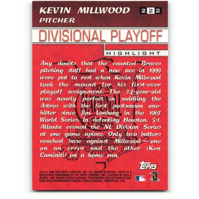 2000 Topps #222 Kevin Millwood EX Excellent Atlanta Braves Baseball Card - Baseball Card Single
