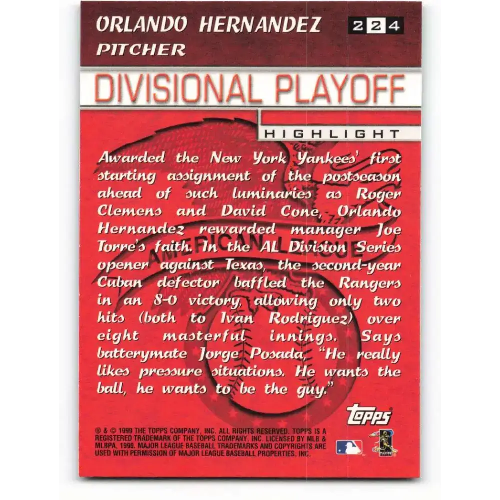 2000 Topps #224 Orlando Hernandez EX Excellent New York Yankees Baseball Card - Baseball Card Single