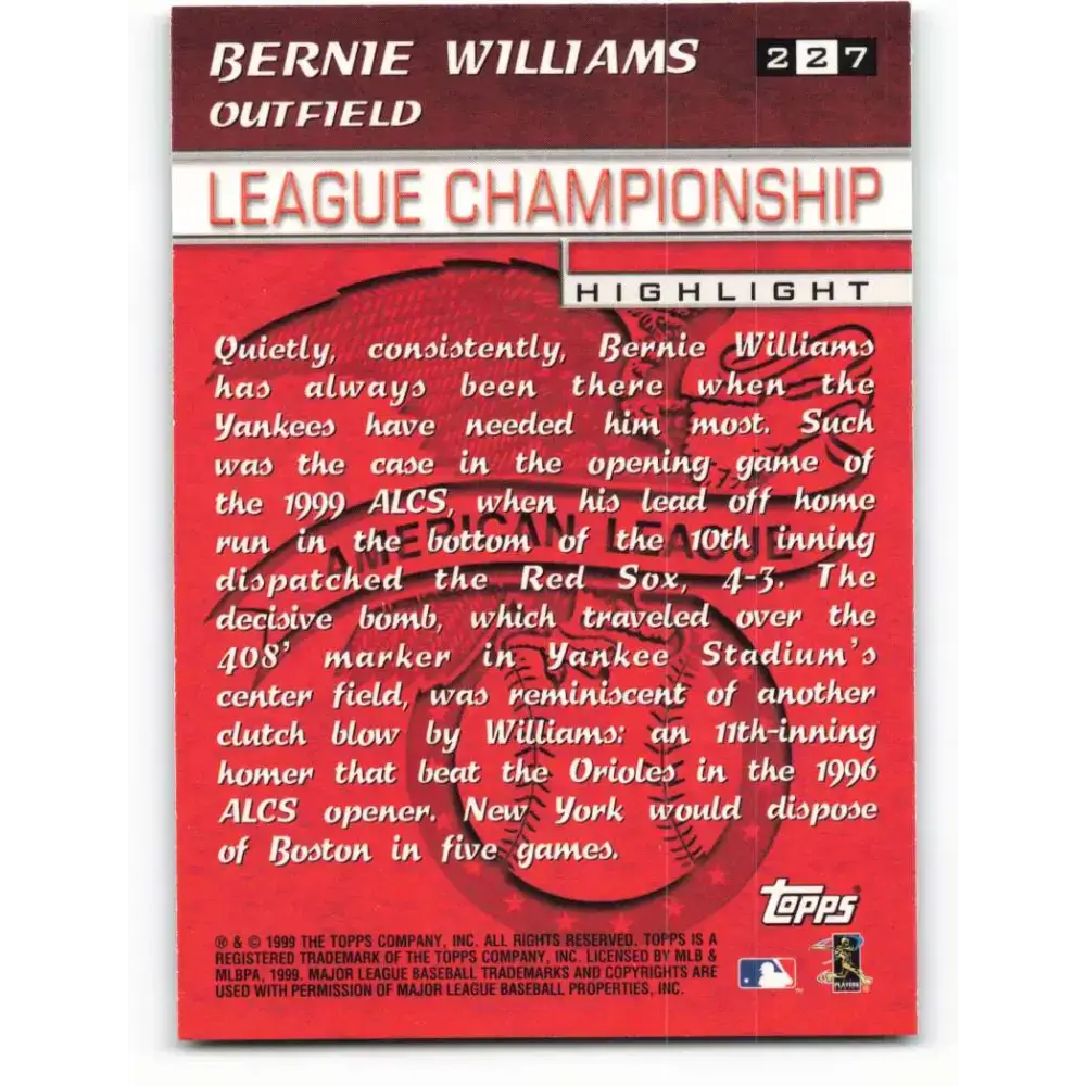 2000 Topps #227 Bernie Williams EX Excellent New York Yankees Baseball Card - Baseball Card Single