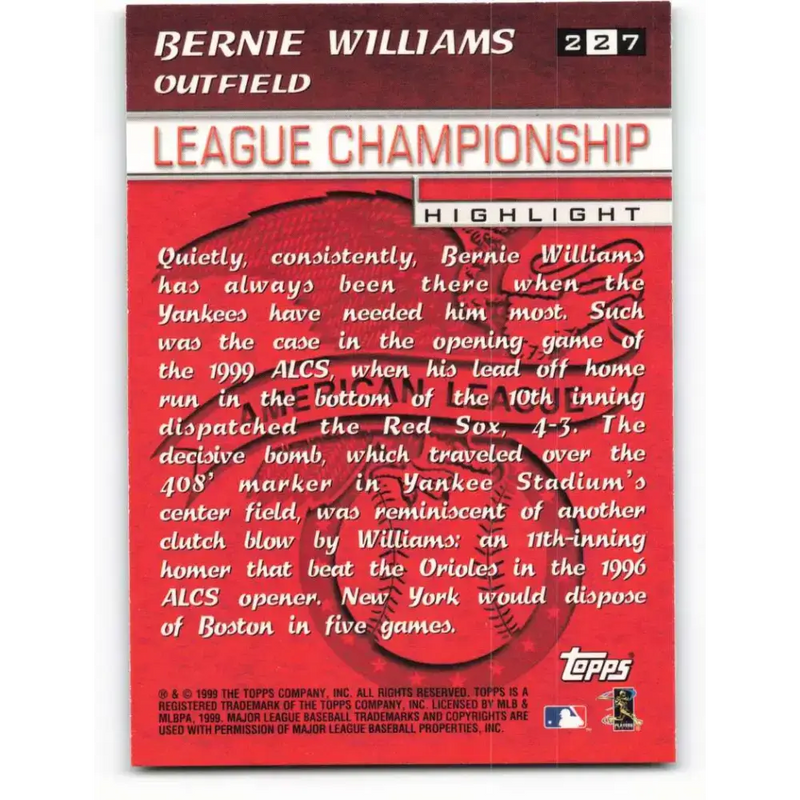 2000 Topps #227 Bernie Williams EX Excellent New York Yankees Baseball Card - Baseball Card Single
