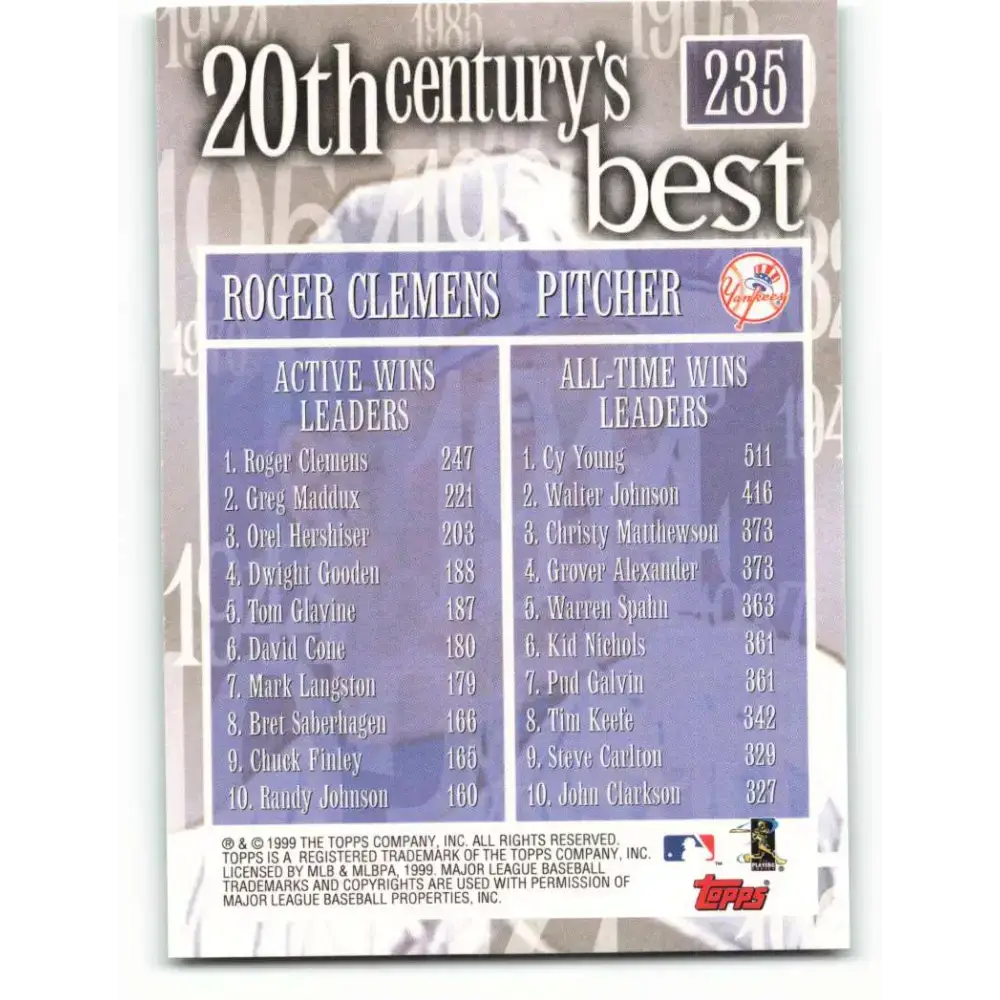 2000 Topps #235 Roger Clemens EX Excellent New York Yankees Baseball Card - Baseball Card Single