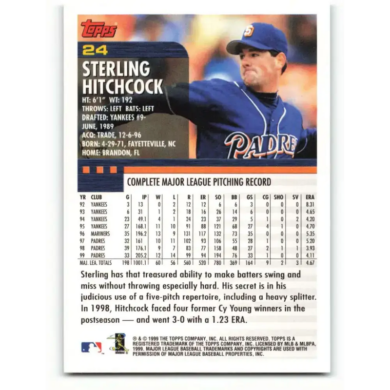 2000 Topps #24 Sterling Hitchcock EX Excellent San Diego Padres Baseball Card - Baseball Card Single