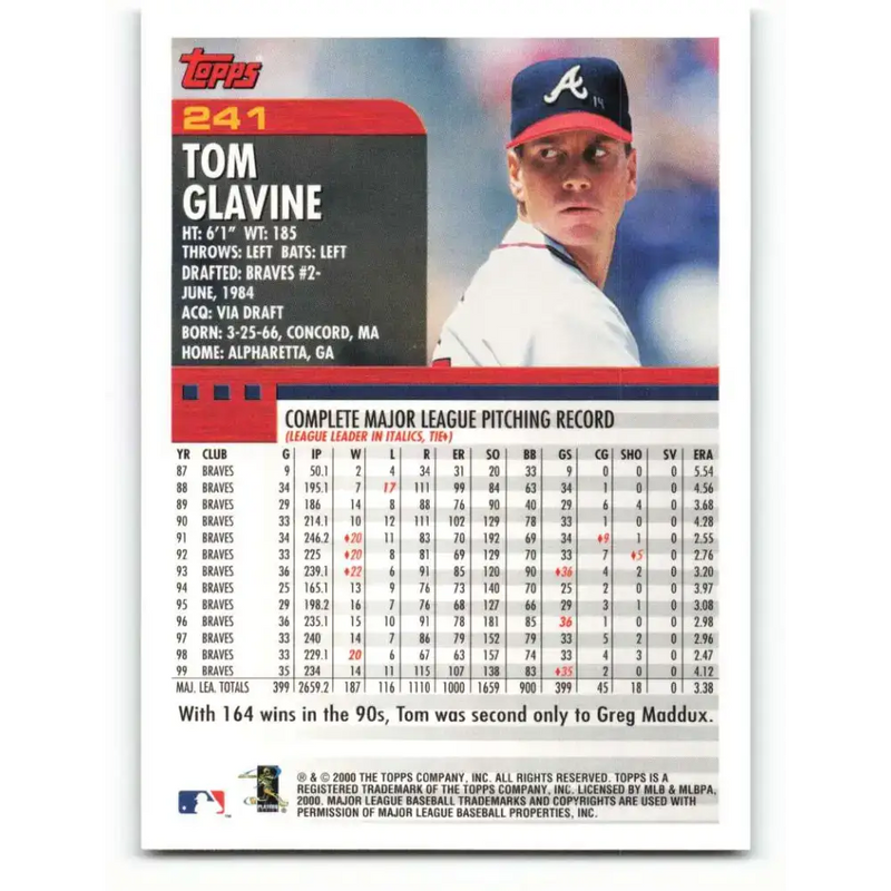 2000 Topps #241 Tom Glavine EX Excellent Atlanta Braves Baseball Card - Baseball Card Single