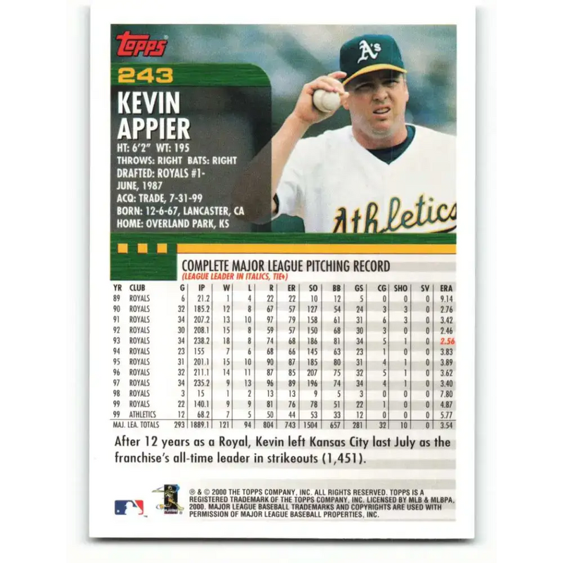 2000 Topps #243 Kevin Appier EX Excellent Oakland Athletics Baseball Card - Baseball Card Single