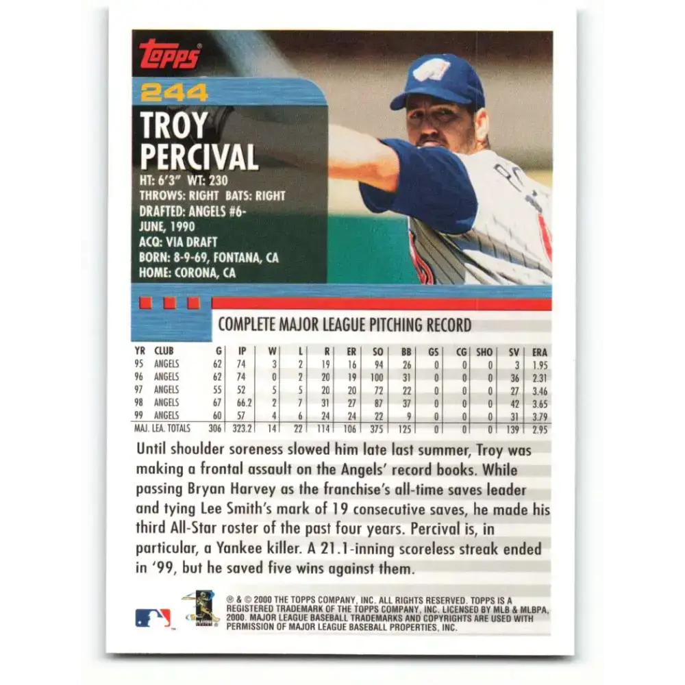 2000 Topps #244 Troy Percival EX Excellent Anaheim Angels Baseball Card - Baseball Card Single