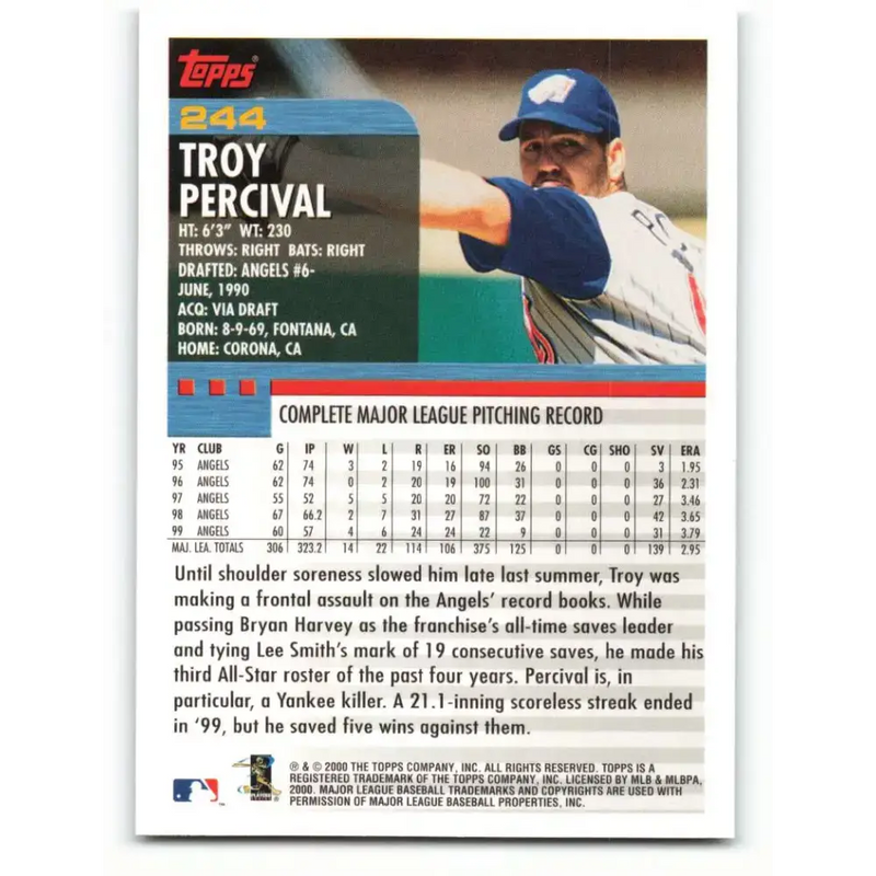 2000 Topps #244 Troy Percival EX Excellent Anaheim Angels Baseball Card - Baseball Card Single
