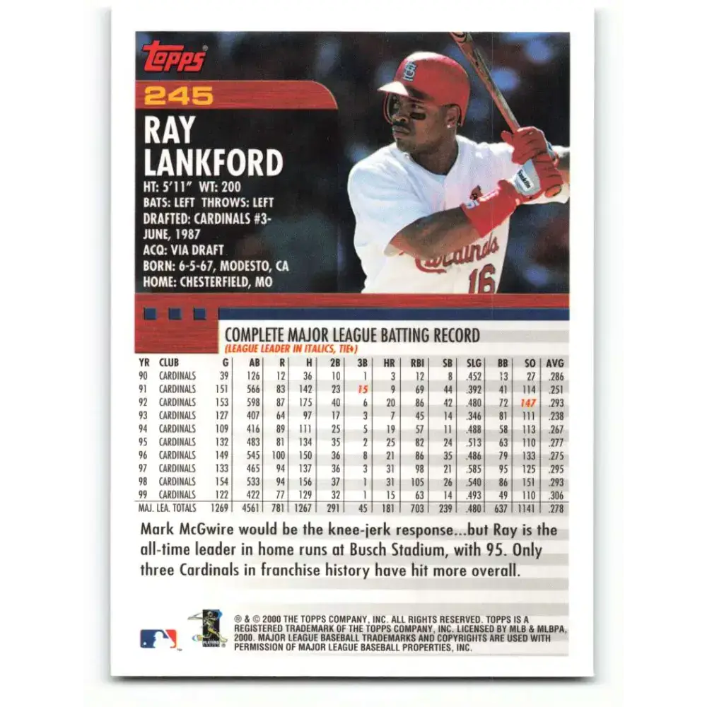 2000 Topps #245 Ray Lankford EX Excellent St. Louis Cardinals Baseball Card - Baseball Card Single