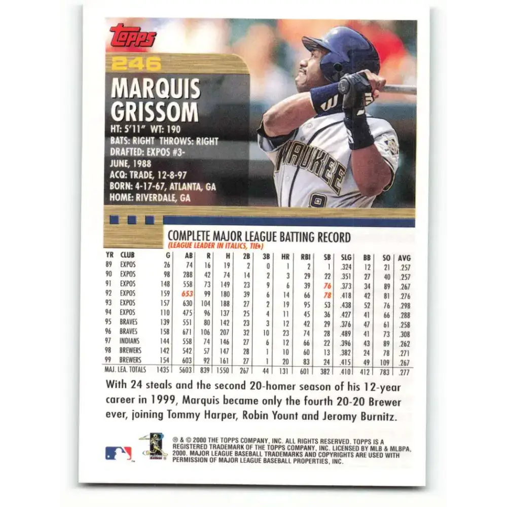 2000 Topps #246 Marquis Grissom EX Excellent Milwaukee Brewers Baseball Card - Baseball Card Single