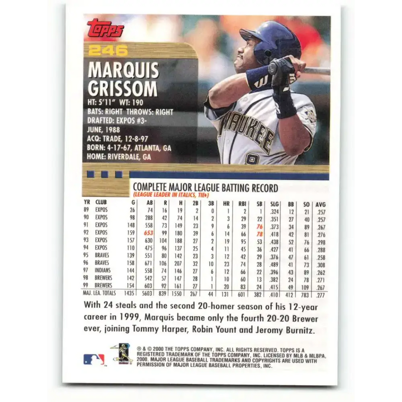 2000 Topps #246 Marquis Grissom EX Excellent Milwaukee Brewers Baseball Card - Baseball Card Single