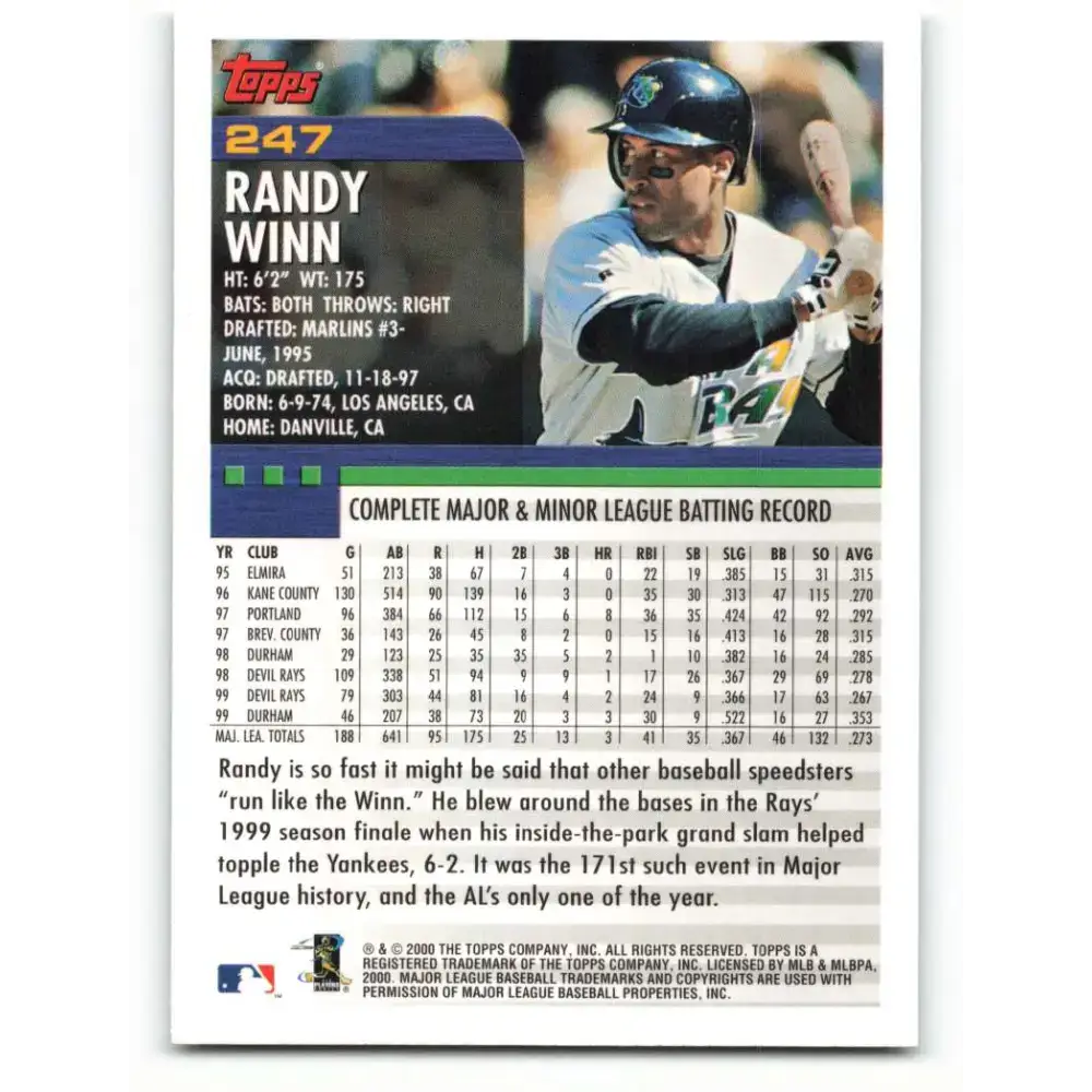 2000 Topps #247 Randy Winn EX Excellent Tampa Bay Devil Rays Baseball Card - Baseball Card Single