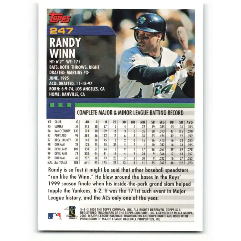 2000 Topps #247 Randy Winn EX Excellent Tampa Bay Devil Rays Baseball Card - Baseball Card Single