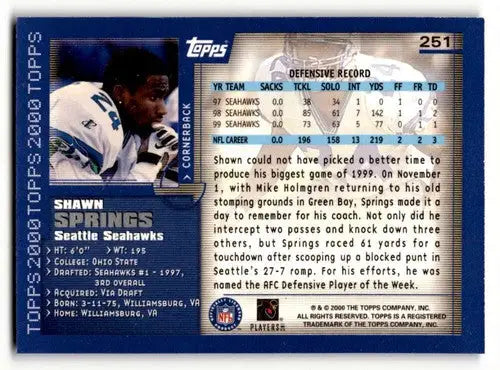 Original gloss Shawn Springs football card featuring Seattle Seahawks player in top condition
