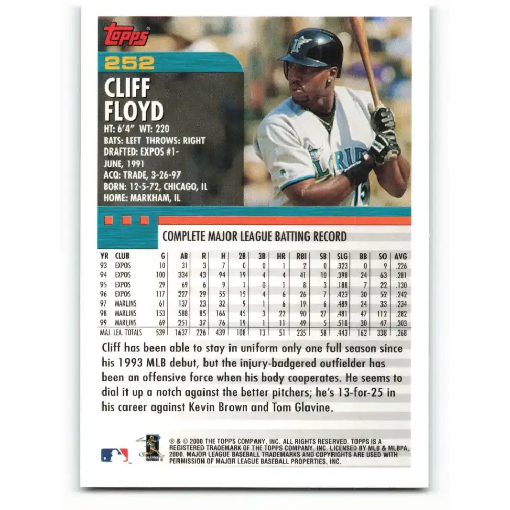2000 Topps #252 Cliff Floyd EX Excellent Florida Marlins Baseball Card - Baseball Card Single