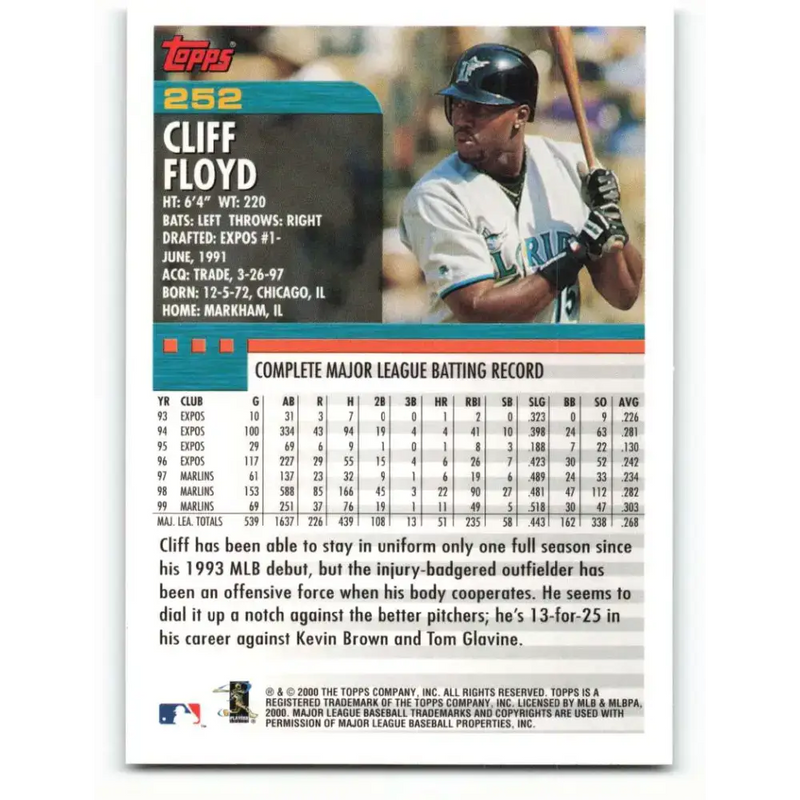 2000 Topps #252 Cliff Floyd EX Excellent Florida Marlins Baseball Card - Baseball Card Single