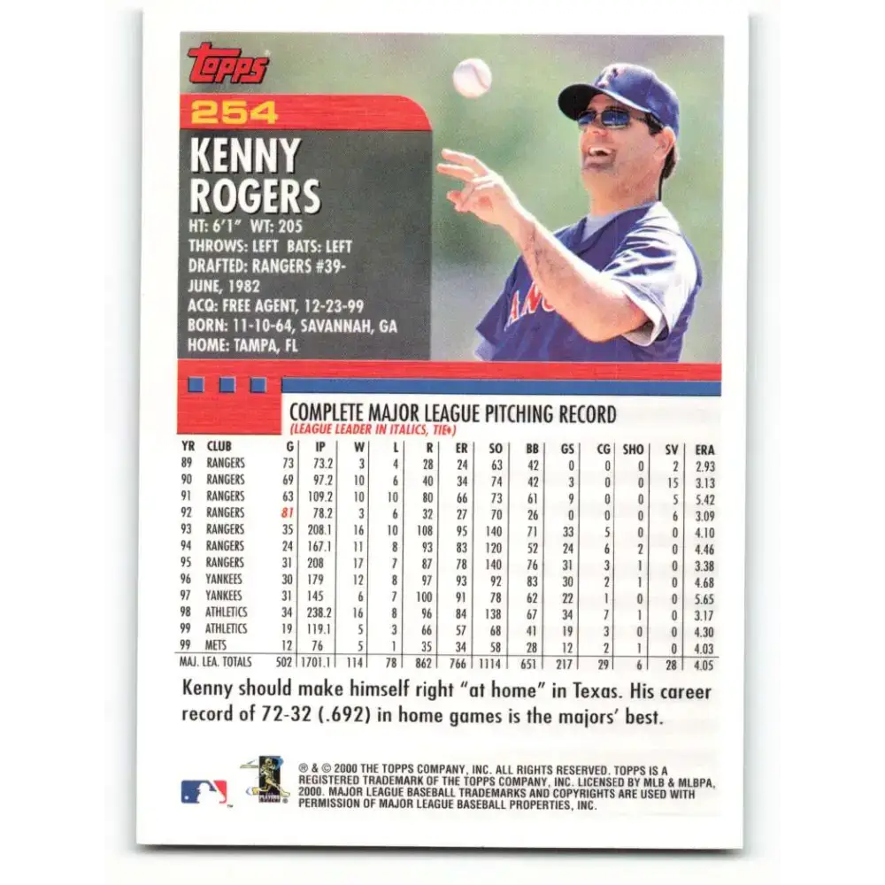 2000 Topps #254 Kenny Rogers EX Excellent Texas Rangers Baseball Card - Baseball Card Single