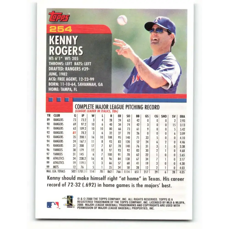 2000 Topps #254 Kenny Rogers EX Excellent Texas Rangers Baseball Card - Baseball Card Single