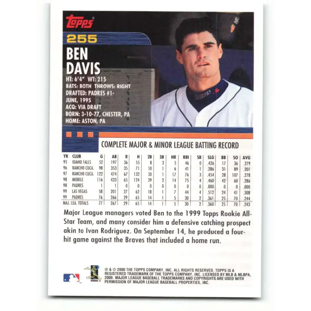 2000 Topps #255 Ben Davis EX Excellent San Diego Padres Baseball Card - Baseball Card Single