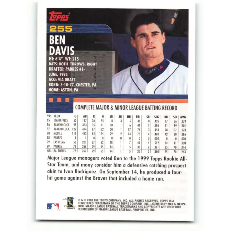 2000 Topps #255 Ben Davis EX Excellent San Diego Padres Baseball Card - Baseball Card Single