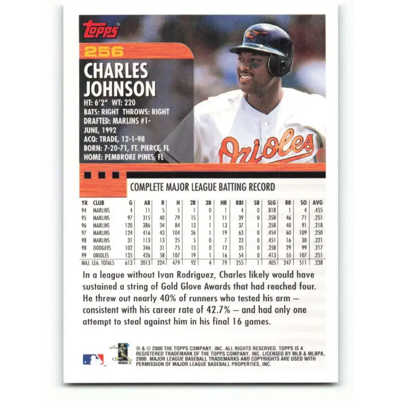 2000 Topps #256 Charles Johnson EX Excellent Baltimore Orioles Baseball Card - Baseball Card Single