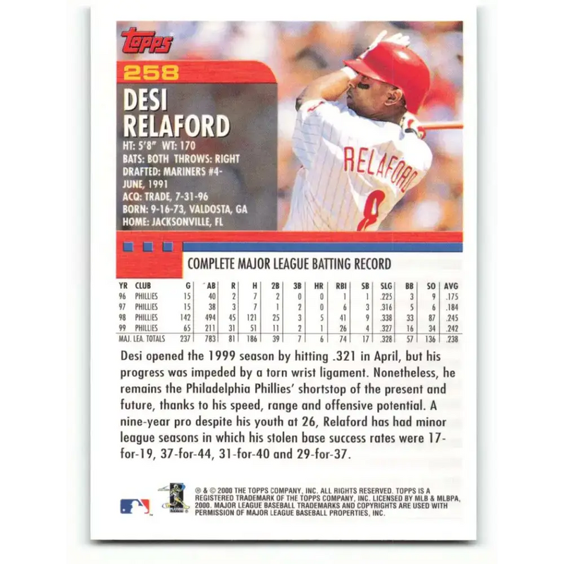 2000 Topps #258 Desi Relaford EX Excellent Philadelphia Phillies Baseball Card - Baseball Card Single