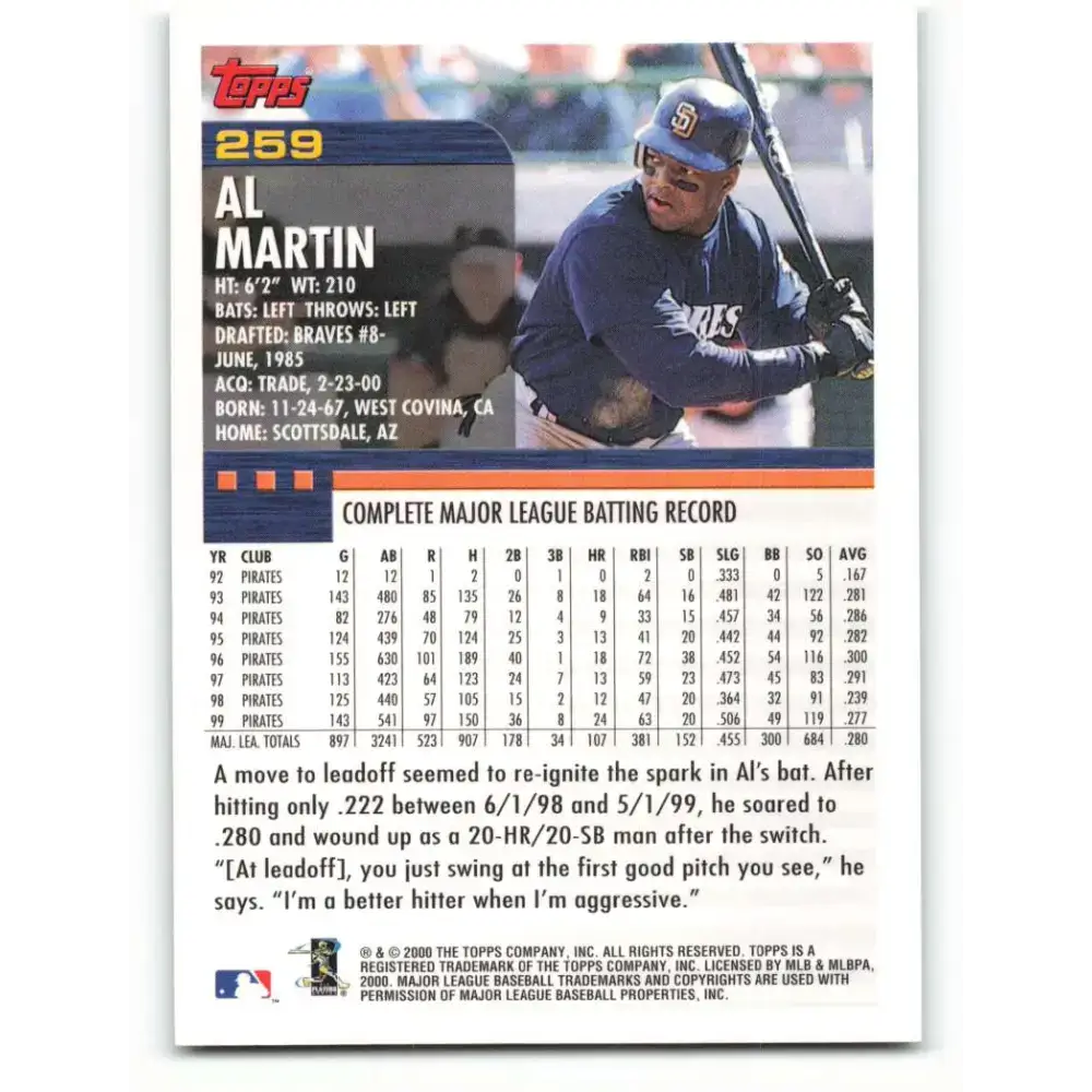 2000 Topps #259 Al Martin EX Excellent San Diego Padres Baseball Card - Baseball Card Single