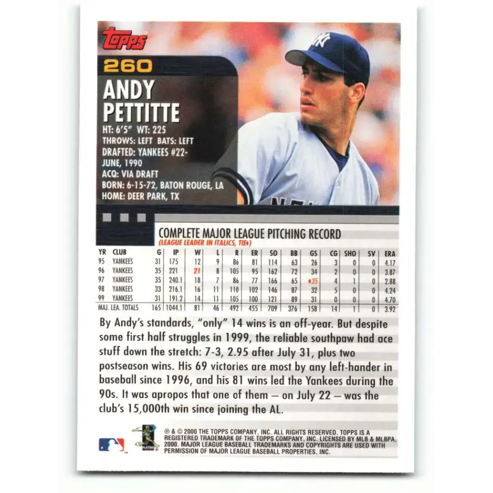 2000 Topps #260 Andy Pettitte EX Excellent New York Yankees Baseball Card - Baseball Card Single