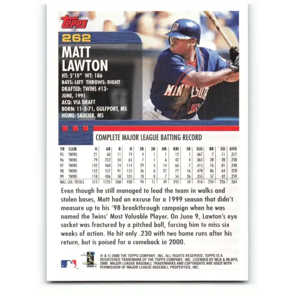 2000 Topps #262 Matt Lawton EX Excellent Minnesota Twins Baseball Card - Baseball Card Single