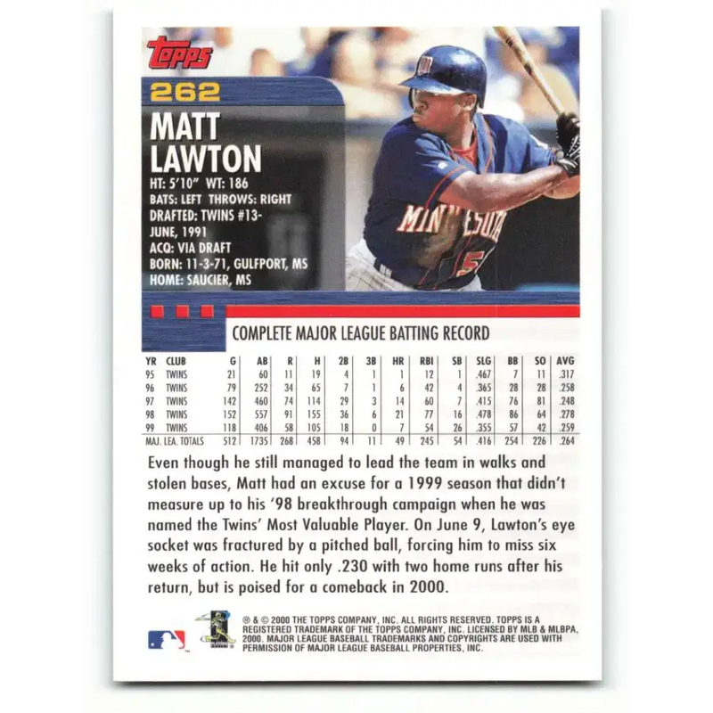 2000 Topps #262 Matt Lawton EX Excellent Minnesota Twins Baseball Card - Baseball Card Single