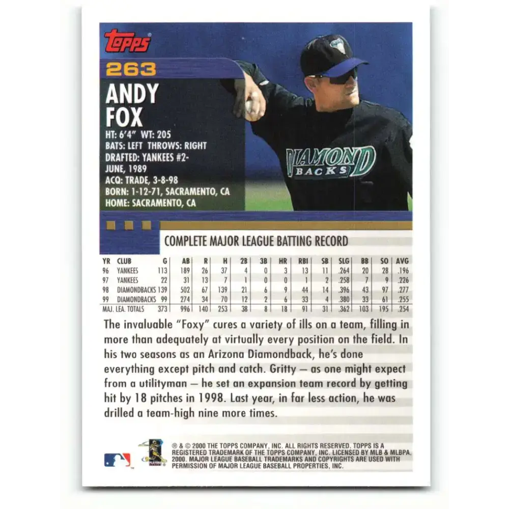 2000 Topps #263 Andy Fox EX Excellent Arizona Diamondbacks Baseball Card - Baseball Card Single